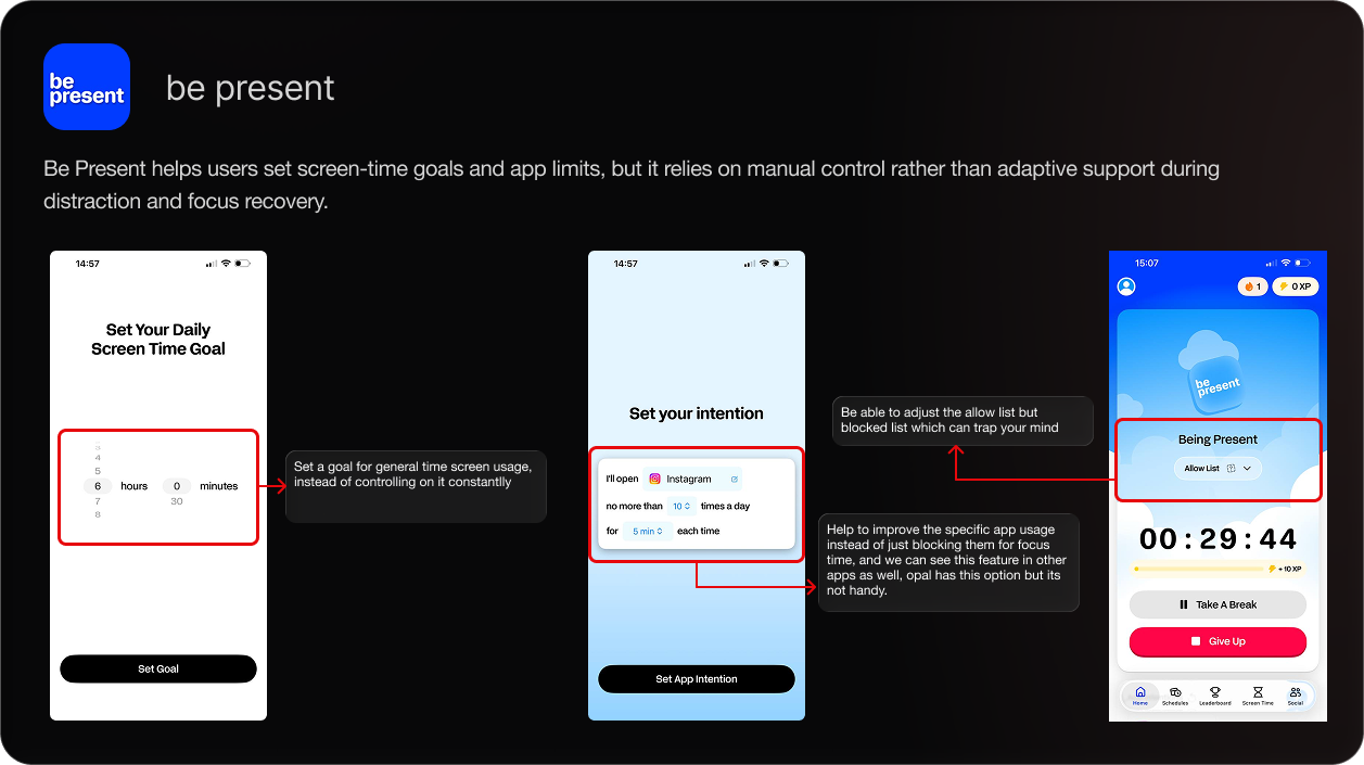 BE PRESENT focus app interface