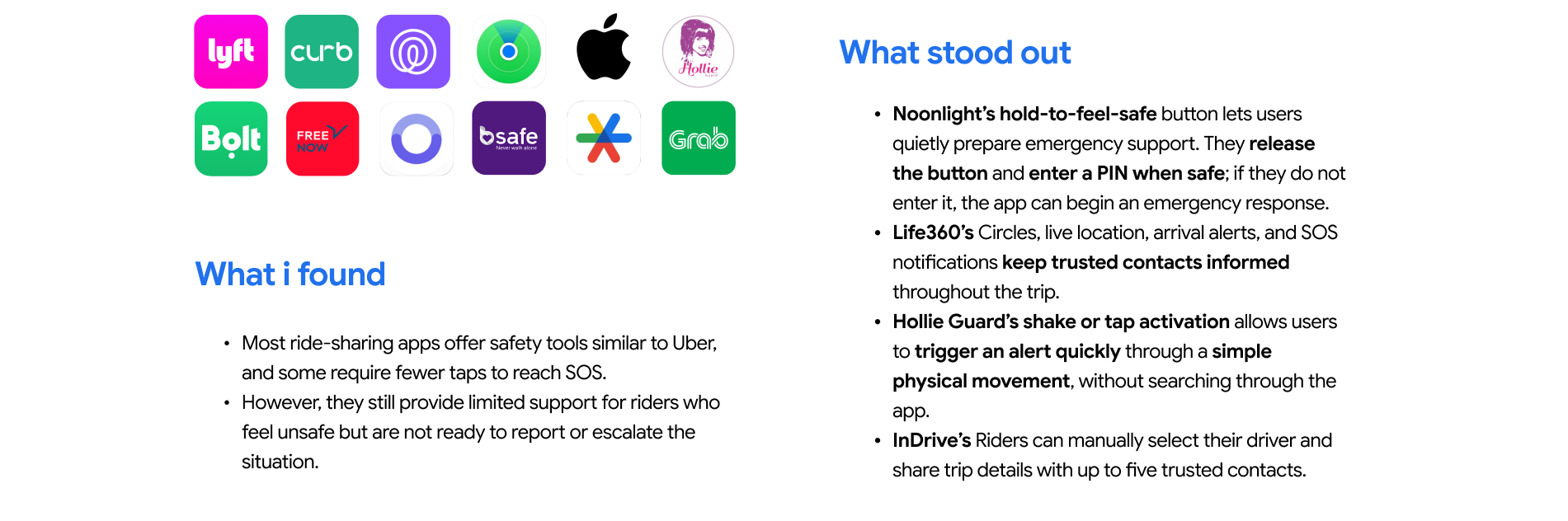 Competitor analysis of ride-sharing and personal-safety products