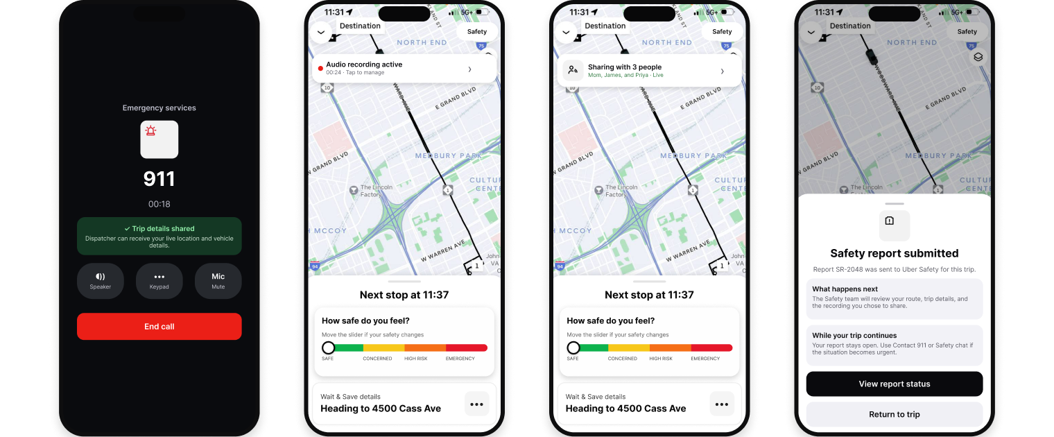 Direct safety action screens for calling, recording, sharing, and reporting