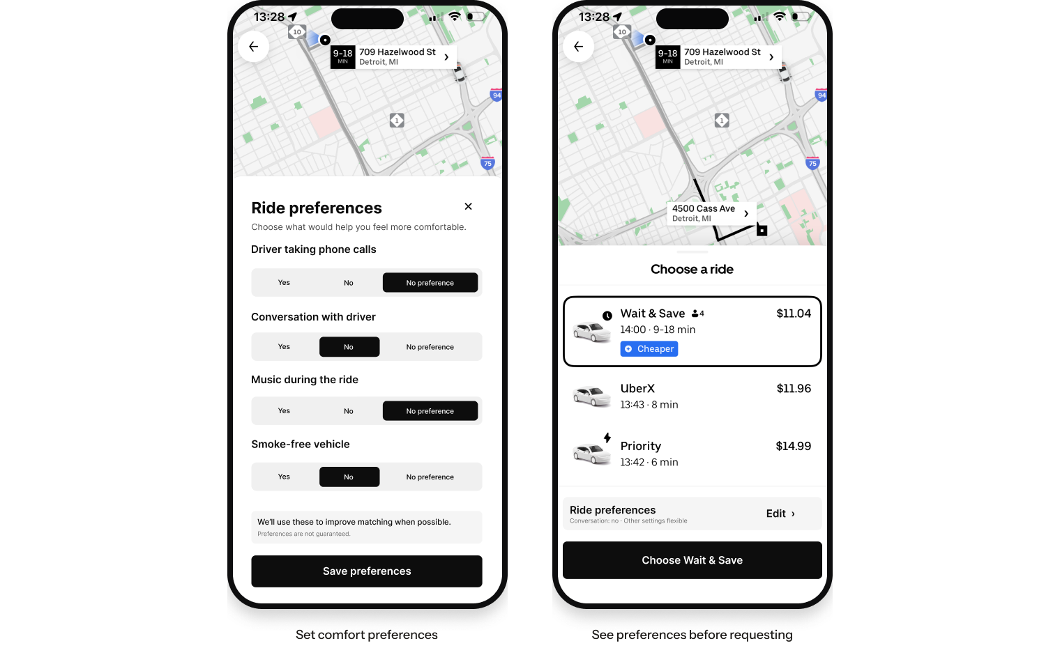 Ride preference screens shown before requesting a trip
