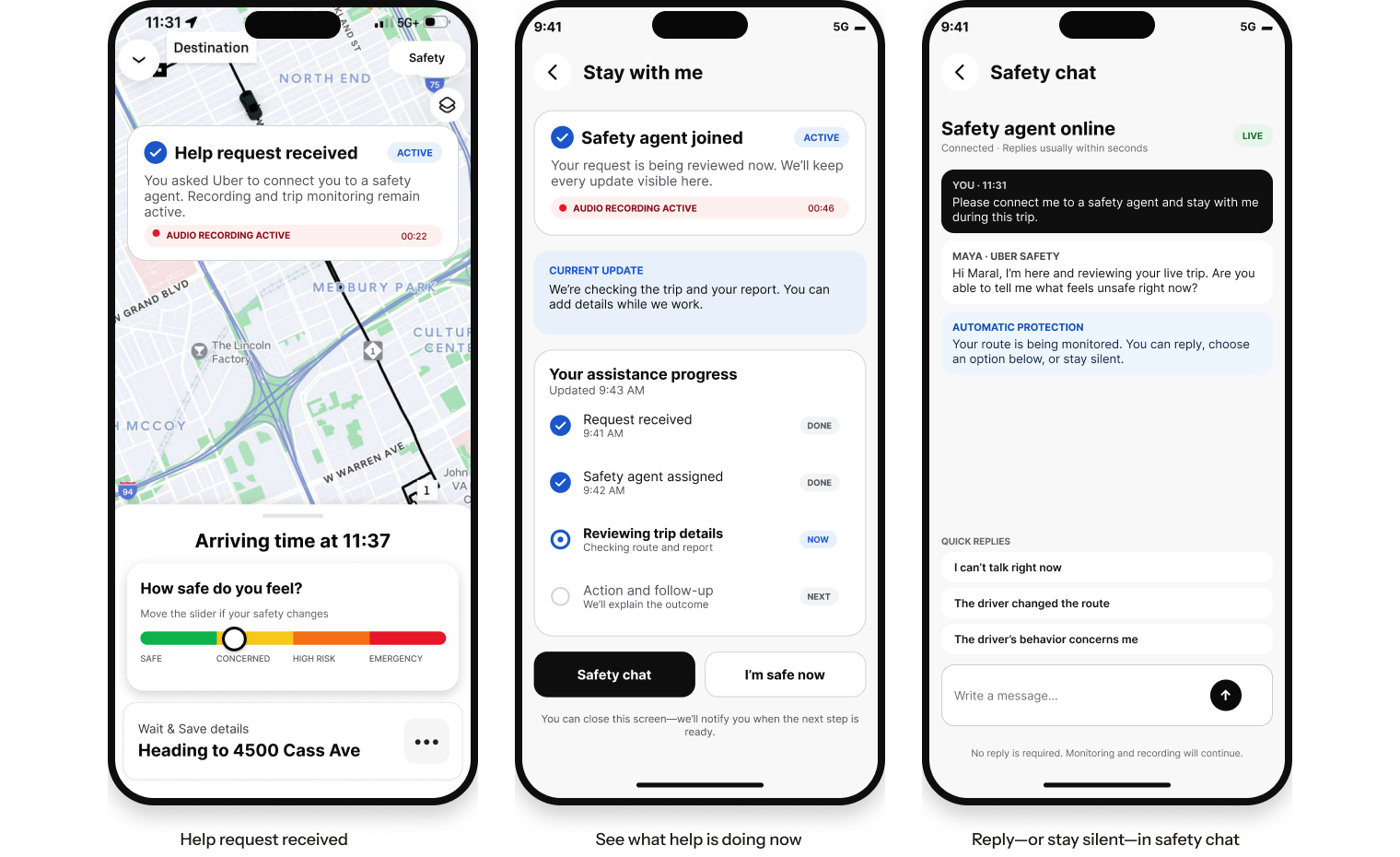 Stay With Me screens showing live progress and safety chat
